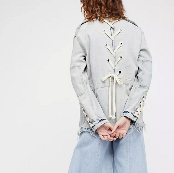 Free People Military Lace Up Back Denim Jacket XS Coat Jean - Picture 2 of 12